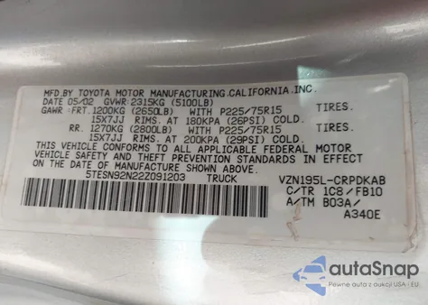 2002 Toyota Tacoma Prerunner V6 z USA, uszkodzony, nr VIN 5TESN92N22Z091203